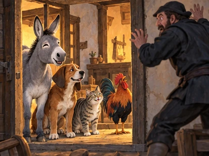 Returning robber backs away from alert animals at the cottage doorway.