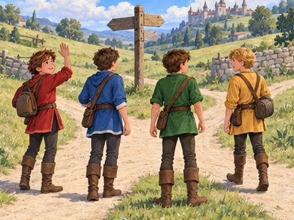 Four young brothers in red blue green and gold tunics part at crossroads.