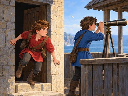 Red-tunic scout practises by doorway while blue-tunic watcher studies through telescope.