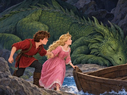 Red-tunic scout guides princess in rose dress past sleeping green dragon to boat.
