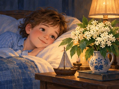 Sleepy boy smiles at elderflowers on bedside table in warm dim room.