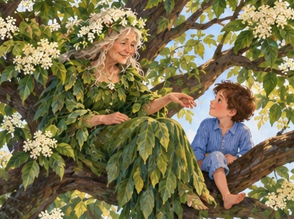 Leafy elder-tree grandmother sits securely among connected flowering branches.