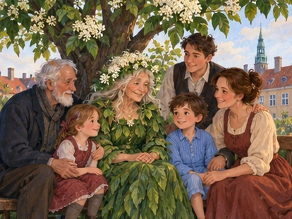 Elderly couple sit beneath flowering elder tree with gathered family.