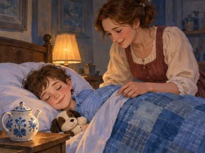 Boy back in bed beside ordinary teapot as mother adjusts blanket.