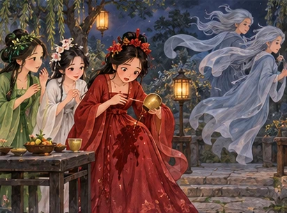 Small nectar spill onto dark-red flower woman's dress, blue-grey aunties leaving table, concerned faces.
