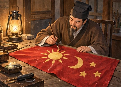 A scholar paints celestial symbols on a small red cloth flag at a lamp-lit table.
