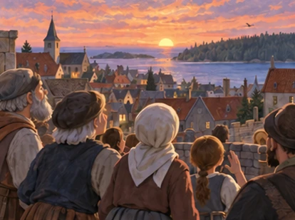 Townpeople listen at sunset toward distant woodland beyond rooftops.