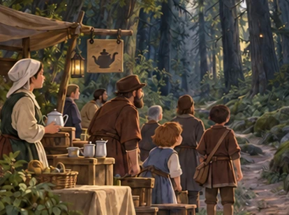 Tea stall visitors pause at forest edge while bell sound draws toward deep trees.