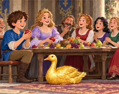 Boy princess villagers share fruit with one golden goose resting near the table.