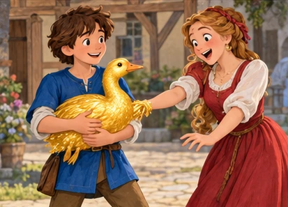 Eldest sister's hand harmlessly sticks to the golden goose beside the boy.