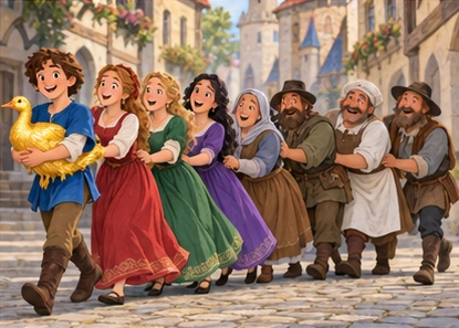 Boy and golden goose lead five surprised villagers along a cobbled street.