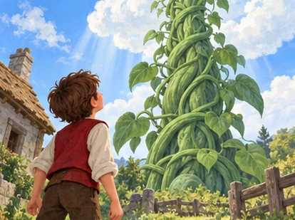 Jack looks up at giant beanstalk rising from garden into clouds.