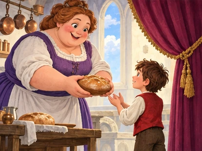 Giant woman gives Jack bread in cloud castle kitchen with broad curtain nearby.