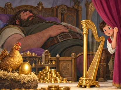 Sleeping giant beside coins golden-egg hen and harp; Jack watches from curtain.
