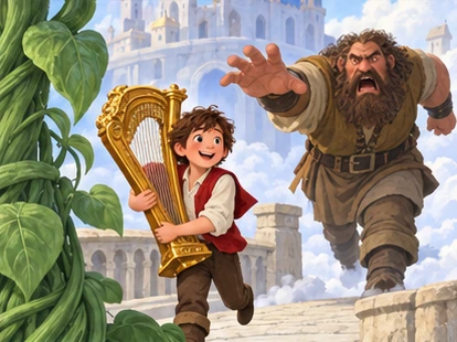 Jack carries golden harp toward beanstalk while giant follows at a distance.