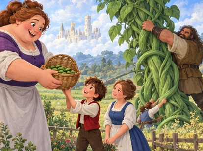 Giant woman offers seed basket as family and giant lower beanstalk into field.