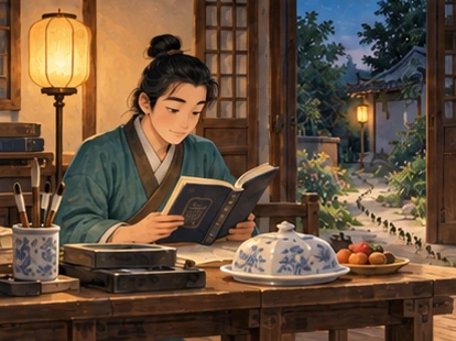 Scholar reading at neat desk with covered food, garden ant trail outside door, peaceful evening.
