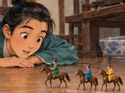 Scholar looking down at tiny human riders crossing floor, toy-like ant-size horses.
