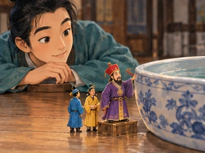 Ant-size human king red hat purple robe beside enormous shallow water saucer, scholar watching.
