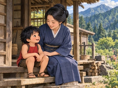 Sturdy black-haired boy red tunic brown shorts and indigo-kimono mother at mountain cottage.