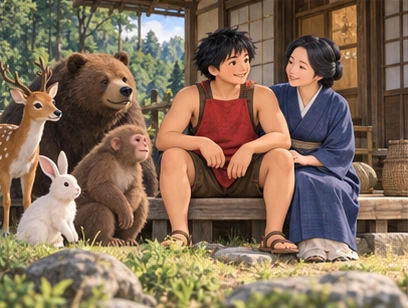 Older Kintaro still red tunic visiting mother and animal friends at peaceful comfortable mountain home.
