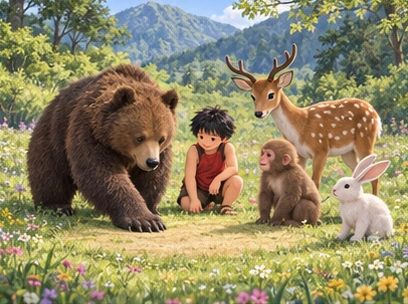 Bear patting soft grassy game circle while boy deer monkey hare watch.