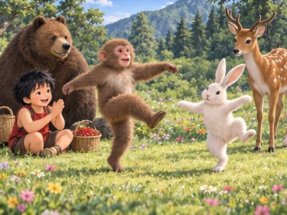 Monkey and hare playful balance game on grass, boy cheering with berry basket and bear deer nearby.