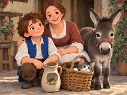 Jack and his mother smile beside a coin, jug, basket, and donkey.