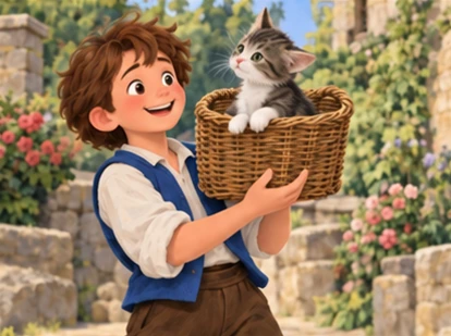 Jack steadies kitten in basket at chest height after taking it off his head.