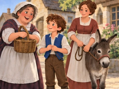 Neighbour shows Jack secure basket hold while mother holds an animal lead.