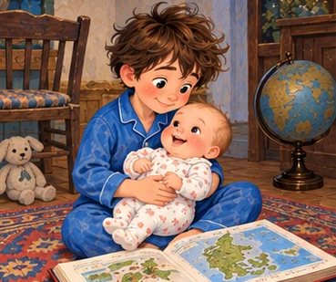 Blue-clad Tuk holds baby sister safely while geography book rests nearby.