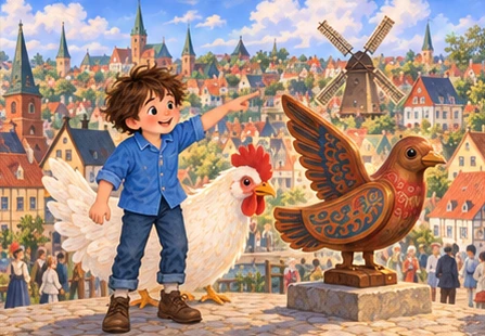 Tuk dreams of hen and carved wooden bird among miniature Danish streets.