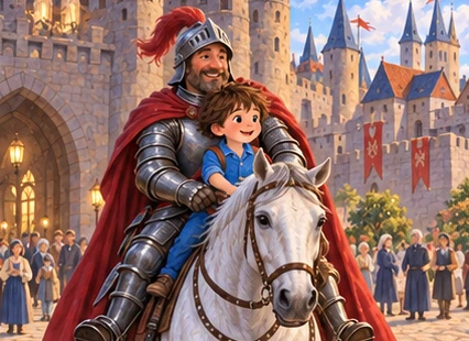 Tuk rides safely with friendly knight through softly glowing castle town.