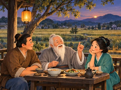 Three family members together at evening courtyard table, grandfather telling story, field visible beyond.