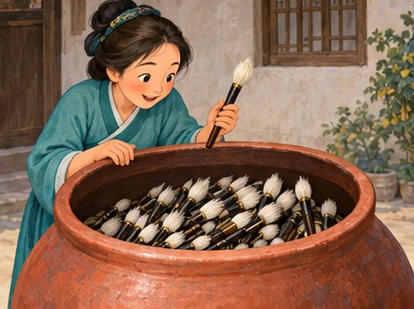 Teal-robed wife looking into cask filled with identical brushes, one brush in hand.