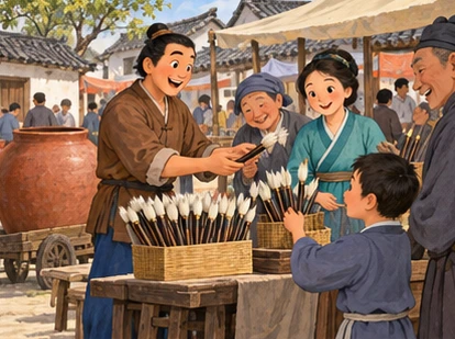 Farmer selling brushes at village stall, wife beside cart, happy ordinary neighbours.