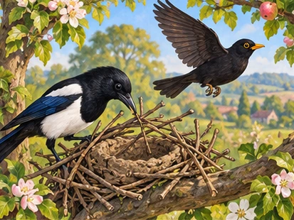 Blackbird leaves as magpie arranges reinforcing twigs around mud cup.