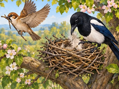 Sparrow carries twig away while magpie weaves outer nest wall.