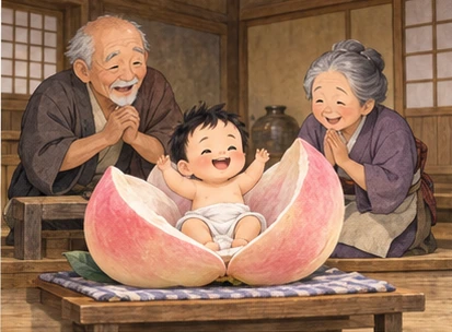 Open giant peach on low table with tiny smiling baby and elderly couple, no knife.