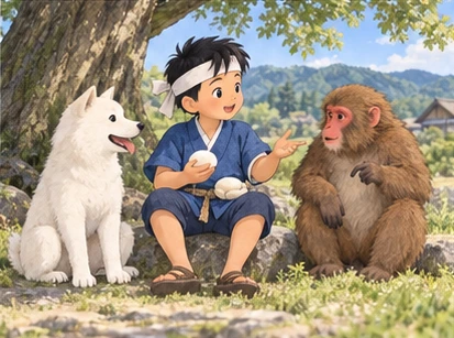 Boy between white dog and brown macaque under tree, calm conversation with cake.