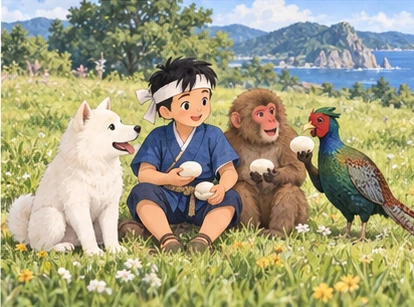 Exactly boy dog monkey and green pheasant sharing cakes in meadow.