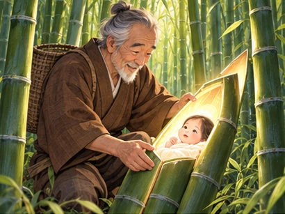 Elderly bamboo cutter finding tiny glowing baby safely nestled in open bamboo stalk.