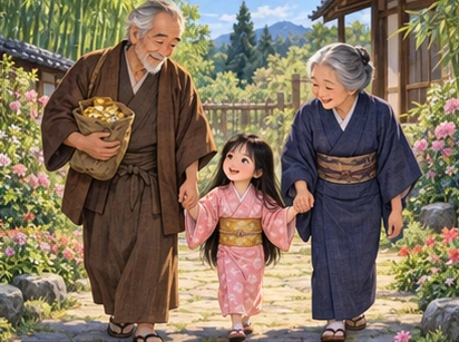 Young girl pink kimono with elderly couple in garden, bamboo cutter carrying modest gold pieces.