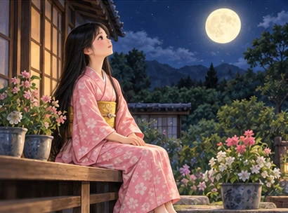 Older girl same pink kimono gold obi on veranda looking at moon, flower pots and repaired cottage.