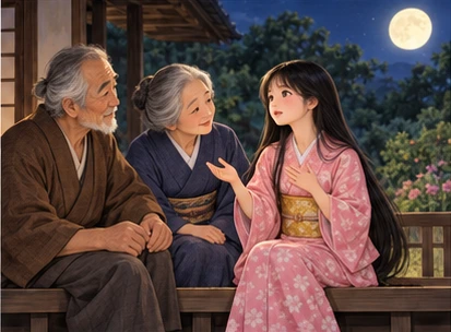 Girl speaking gently to worried elderly parents seated on veranda under growing moon.