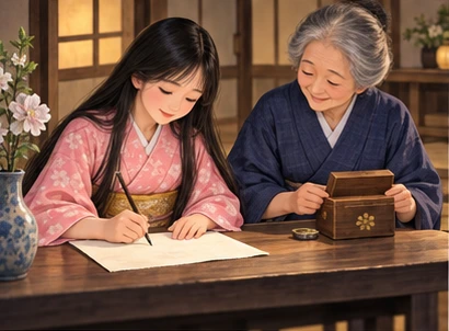 The girl writes a letter while her mother holds a small wooden keepsake box.