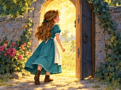 Girl in teal dress enters a glowing doorway beside a garden wall.