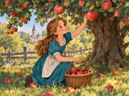 Girl gathers ripe red apples under a sturdy apple tree.