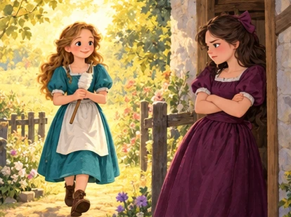 Teal-dress girl returns in golden light while plum-dress sister listens.