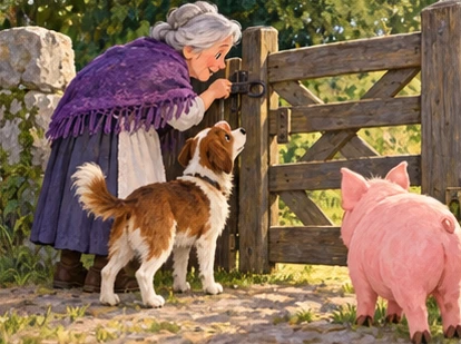 Old woman and dog inspect stuck latch while pink pig waits at gate.